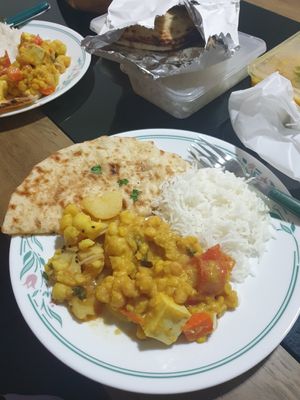 Nutri mix and Aloo Gobi, garlic naan and rice. at Masala Galley in Eaglehawk