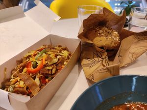 Noodles and cabbage and the chicken burger at Foody lohas Cafe in Ulaanbaatar
