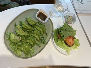 Spinach gyoza, protein cheese cakes, keto beyond burger w lettuce wraps   at Foody lohas Cafe in Ulaanbaatar