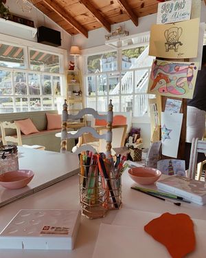 Craft station for guests! Art classes offered throughout the week. at Watercolor Cafe in Mackinac Island