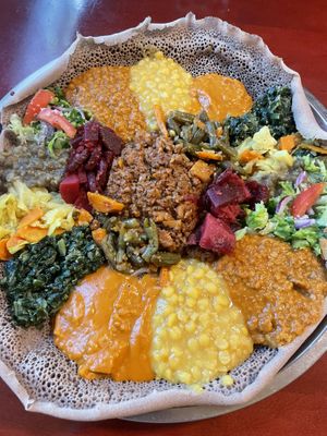 Full Habesha vegan combo with plant-based beef —so yum  at Habesha Cafe in Seattle
