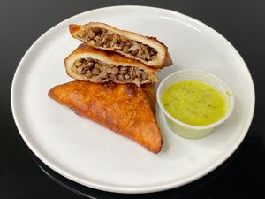 sambusas + sauce (plated at home) at Habesha Cafe in Seattle