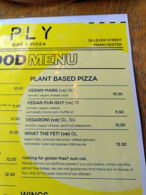 Vegan menu at PLY in Manchester