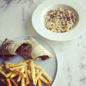 Vegan döner wrap and mushroom fettuccine at Good Call in Bursa
