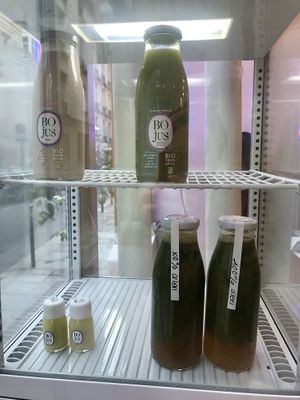 fridge with fresh juices and shots  at Bojus in Paris