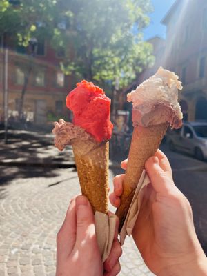chocolate, strawberry and almond   at Gelateria Galliera 49 in Bologna