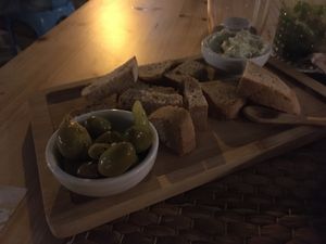 bread with vegan kind-of-aioli & olives at Cafè Saüc in Mallorca
