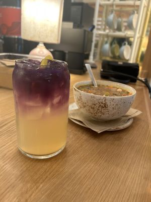 Lavender lemonade and summer minestrone soup  at Life Alive Organic Cafe - Back Bay - Boylston St in Boston