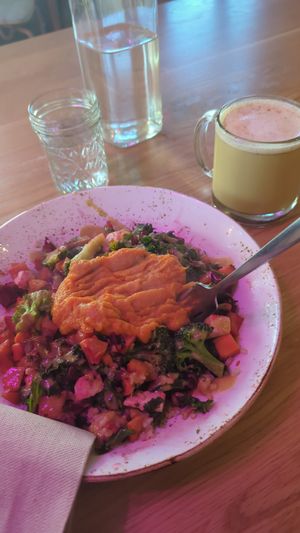 Harvest Bowl and Hot Golden Mylk at Life Alive Organic Cafe - Back Bay - Boylston St in Boston