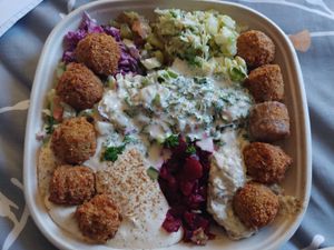 $8.72 Falafel Salad: It is huge, easily share between two people. The baba ganoush was amazing at Falafel Stop in Sunnyvale