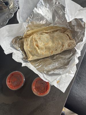 Soyrizo burrito and salsas  at Don Carlos Taco Shop in La Jolla