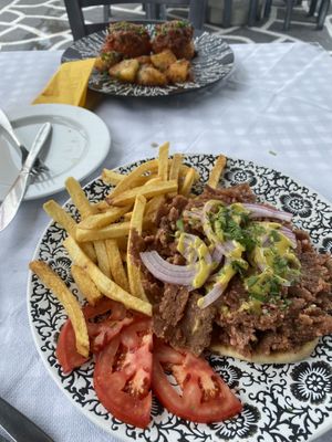 Gyros and stuffed tomatoes at Mezza Volta in Corfu