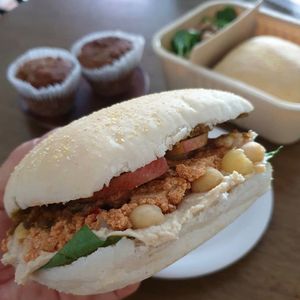 Hummus Sandwich - Homemade Onion Hummus, Tofu Crumble, Chickpeas, Basil Pesto, Chipotle Sauce at Honest Greens in Seoul