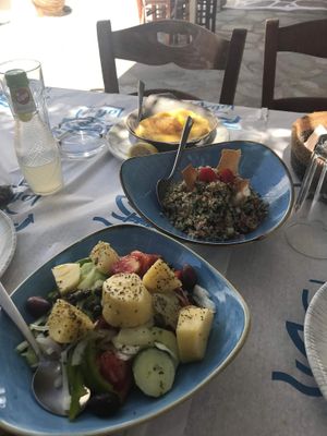 Yeelow peas puree, taboulé, Antiparos salad at Argo in Antiparos