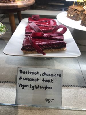 Beetroot, chocolate and coconut tart at Greta's in Copenhagen