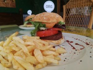 Vegan Hamburger served in the restaurant:
Tomato
Assorted Lettuces
Muhamada
Organic sourdough bread
Chips
Price € 12 at Hostal Almanzor Gredos Avila in Navarredonda De Gredos