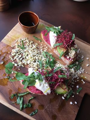 Bread with red beet, vegan ricotta  at Bom in Bouillon