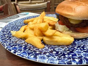 Beyond burger with chips. at The Silver Penny in Dublin