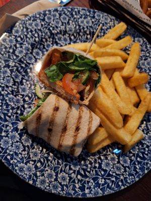 Quorn wrap with chips at The Silver Penny in Dublin