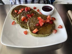 Matcha pancakes with raspberry sauce  at Green Culture in New Port Richey