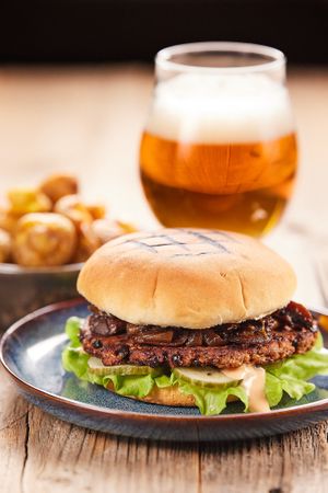 VEGGIE BURGER. Midgard veggie burger, lettuce, pickles, mushroom jam & sauce. (Vegan) at Midgard Restaurant & Bar in Hvolsvollur