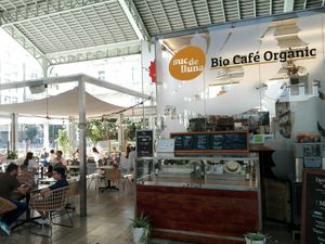 Lovely open air cafe in the Mercado de Colon (impressive art nouveau style market building) at Suc de Lluna BioCafe in Valencia