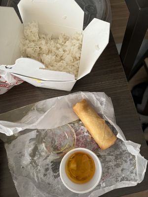 White rice and fried spring rollls  at Mai Mai in Grayling