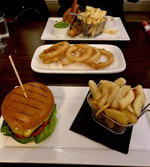 Fish and chips and seitan burger at The Royal Inn in Portishead