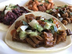 Authentic Mexican Plant based tacos  at La Chancita in San Francisco