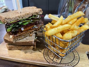 “Stake” Sandwich - very tasty and chips were well seasoned at The Healthy Hub Cafe in Cairns