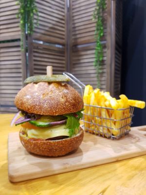 Burger and Chips at The Healthy Hub Cafe in Cairns