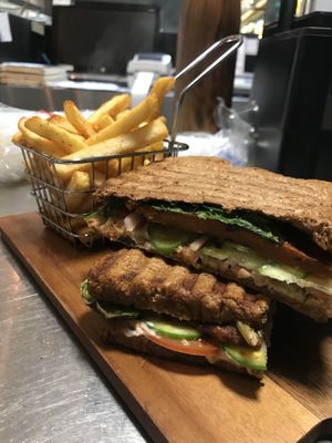 Fresh vegan grilled steak sandwich & chips - an absolute must try! at The Healthy Hub Cafe in Cairns