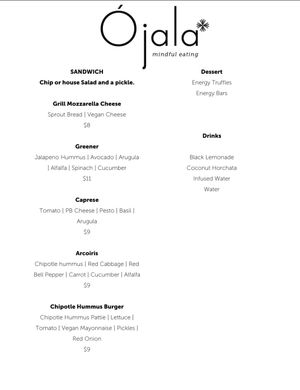 Menu at Ójala in Lake Havasu City