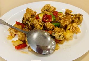 Vegan sweet and spicy mushroom fritters coated with oatmeal.  at Aixin Vegetarian 爱心素食 in Sandakan