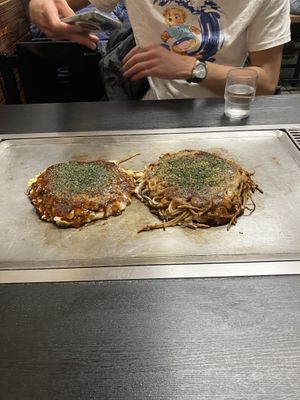 vegan on left, vegetarian on right  at Okonomiyaki Chitose in Osaka