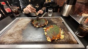 Left vegan on the right vegetarian okonomiyaki  at Okonomiyaki Chitose in Osaka
