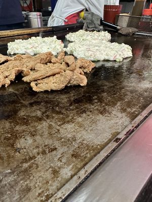 Vegan Okonomiyaki with vegan soy meat   at Okonomiyaki Chitose in Osaka