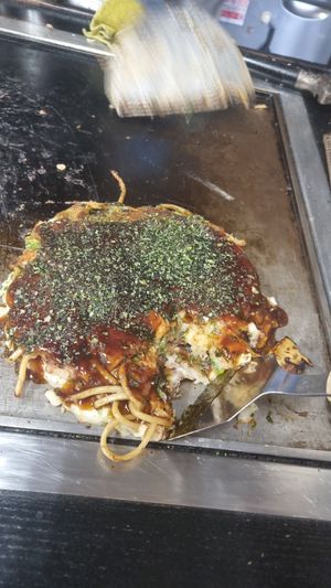 basic vegan okonomiyaki with yaki soba noodles (modanyaki) at Okonomiyaki Chitose in Osaka
