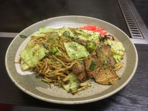 Vegan yakisoba at Okonomiyaki Chitose in Osaka