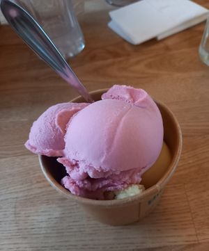 Vegan ice cream (strawberry and pineapple) at Mommark Marina in Sydals
