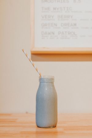 The Mystic smoothie: coconut, banana, pineapple, dates & blue spirulina at Yayu in Ucluelet