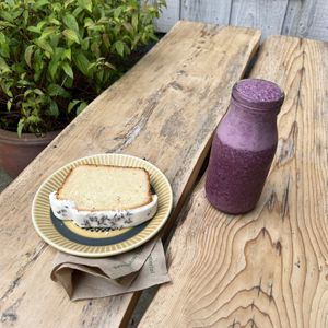 Lavender Lemon Loaf and Bliss Smoothie (sub oat milk instead of apple juice)  at Yayu in Ucluelet