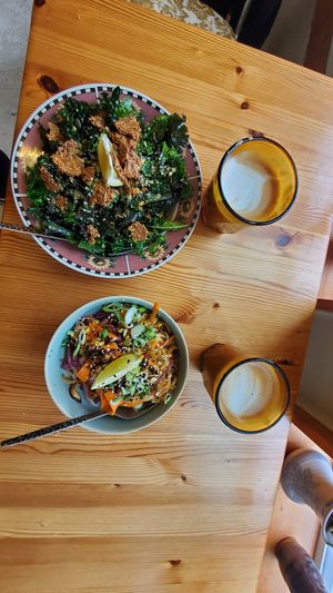 Kale salad and pad thai with oat lattes at Yayu in Ucluelet