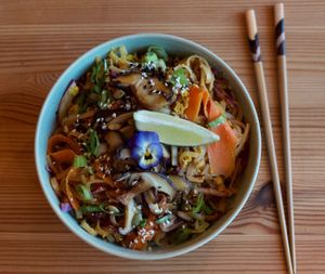 Pad thai noodle bowl at Yayu in Ucluelet