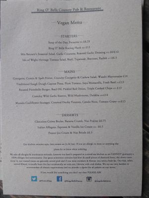 vegan menu at Ring O' Bells in Paulton