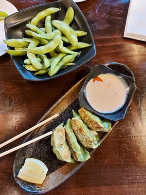 Edamame, dumplings and amazing sauce(all vegan) at Hinodeya Ramen - Downtown in San Francisco