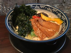 Creamy Ramen - spinach vegan wheat noodle soup with sesame, soymilk, shiitake dashi broth.  at Hinodeya Ramen - Downtown in San Francisco