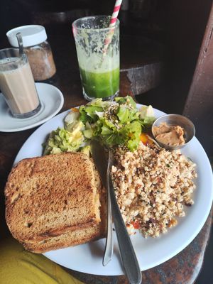 Vegan breakfast - comes with soy chai or coffee and a huge green juice at Little Buddha in Rishikesh