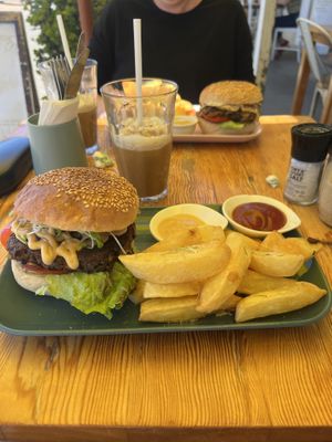 Mushroom Burger and iced coffee (oat milk)  at Blended in Cape Town
