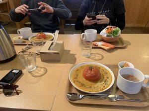 Two tomato curries and felafel wrap at Tsubame Kissashitsu in Kurashiki